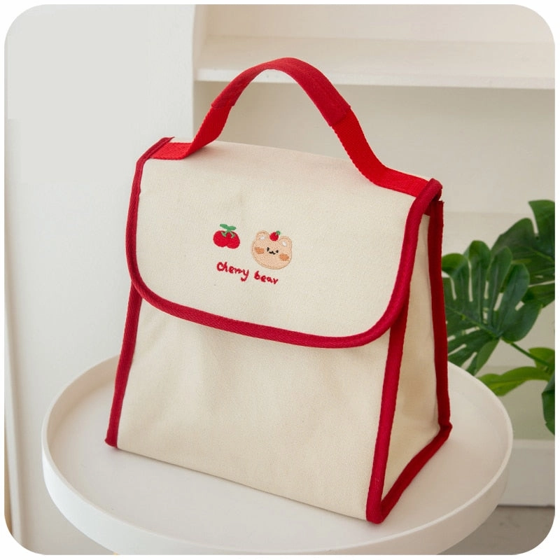 Cyflymder Kawaii Bear Lunch Bags For Women Kids Girl Cute Korean Canvas Insulated Portable Picnic Tote Food Storage Bags For Office Lady