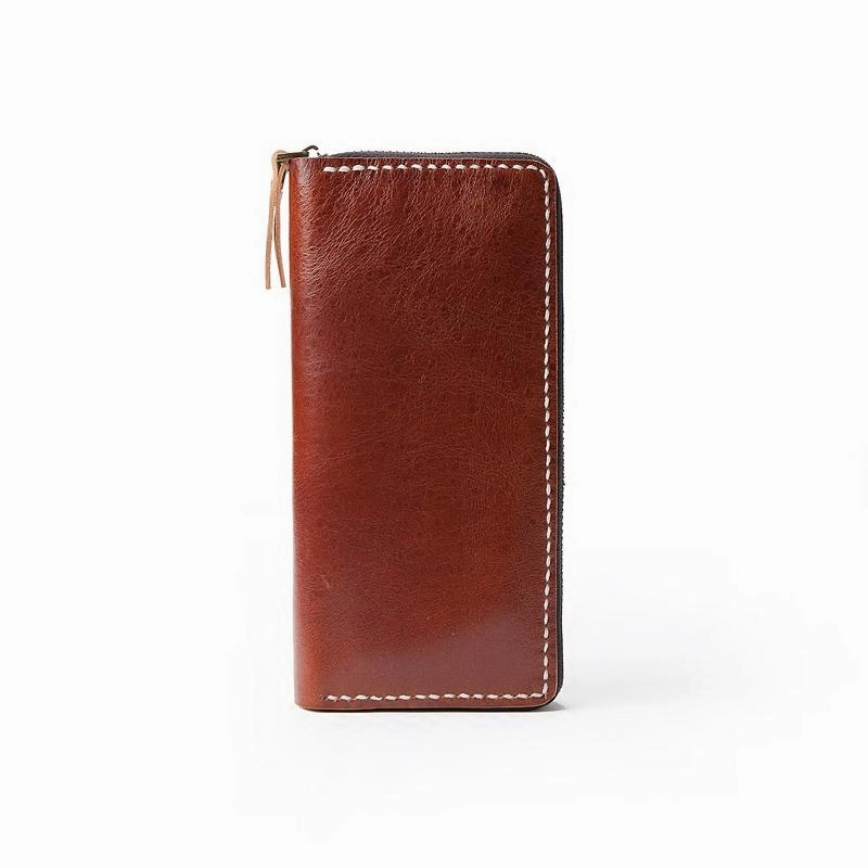 Dark Brown Handmade Leather Mens Long Wallet Zipper Bifold Long Clutch Wallets For Men