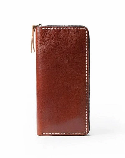 Dark Brown Handmade Leather Mens Long Wallet Zipper Bifold Long Clutch Wallets For Men