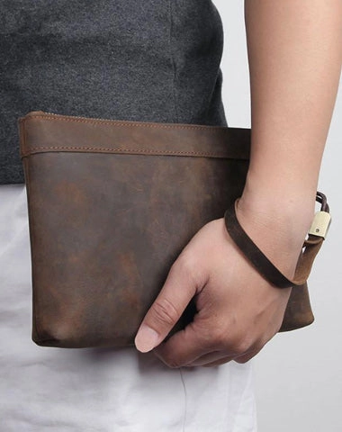 Dark Brown Leather Mens 8 inches Envelope Bag Wristlet Wallet Bag Zipper Clutch Wallet For Men
