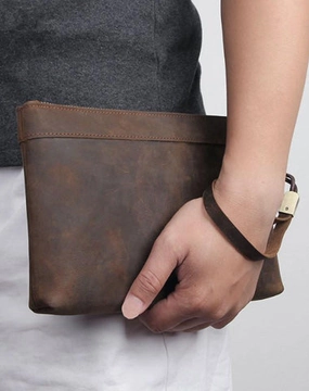 Dark Brown Leather Mens 8 inches Envelope Bag Wristlet Wallet Bag Zipper Clutch Wallet For Men