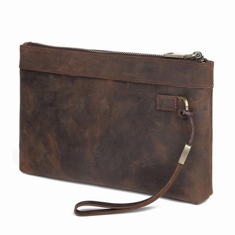 Dark Brown Leather Mens 8 inches Envelope Bag Wristlet Wallet Bag Zipper Clutch Wallet For Men