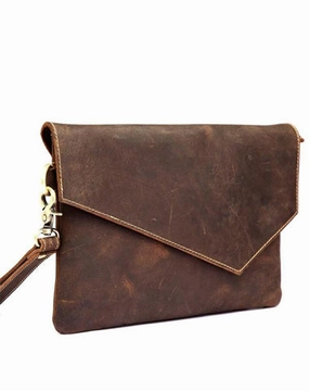 Dark Brown Vintage Leather Wristlet Bag Mens Tablet Bag Handy File Bag Clutch Bag For Men