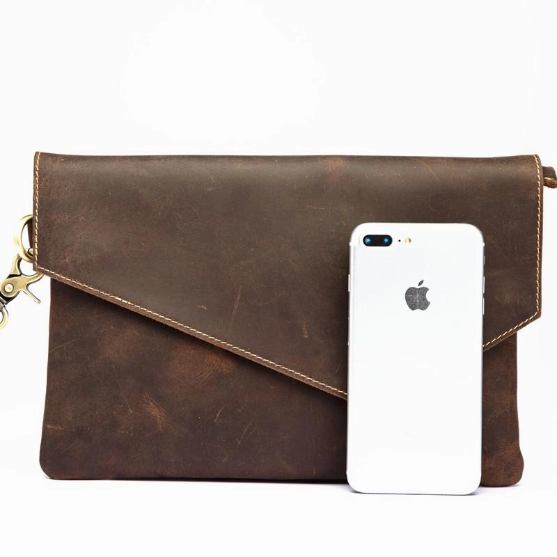 Dark Brown Vintage Leather Wristlet Bag Mens Tablet Bag Handy File Bag Clutch Bag For Men