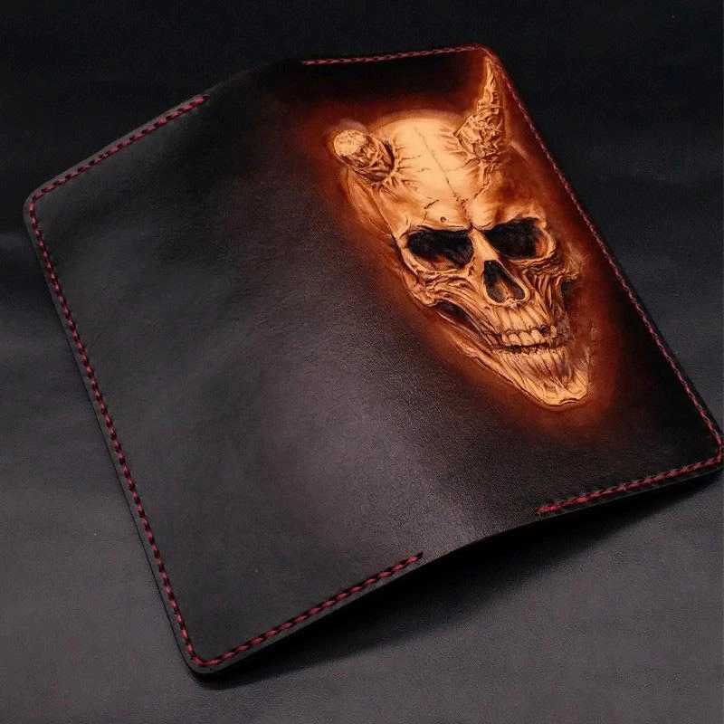 Dark Coffee Handmade Tooled Death Skull with Horn Leather Mens Bifold Long Wallet Clutch For Men