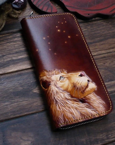 Dark Coffee Handmade Tooled Lion Leather Mens Bifold Long Wallet Zipper Clutch For Men