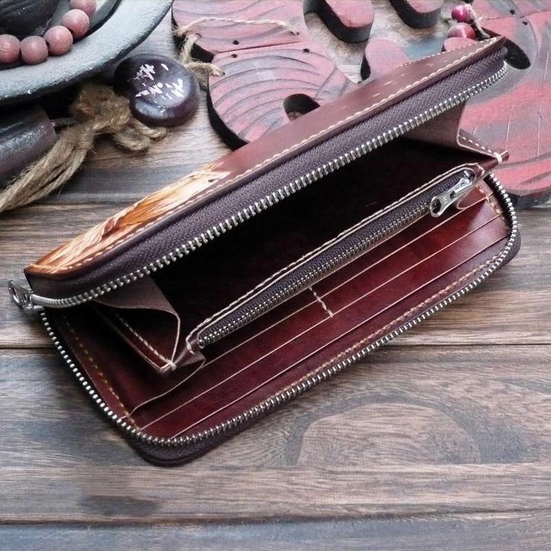 Dark Coffee Handmade Tooled Lion Leather Mens Bifold Long Wallet Zipper Clutch For Men