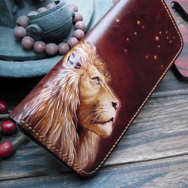 Dark Coffee Handmade Tooled Lion Leather Mens Bifold Long Wallet Zipper Clutch For Men