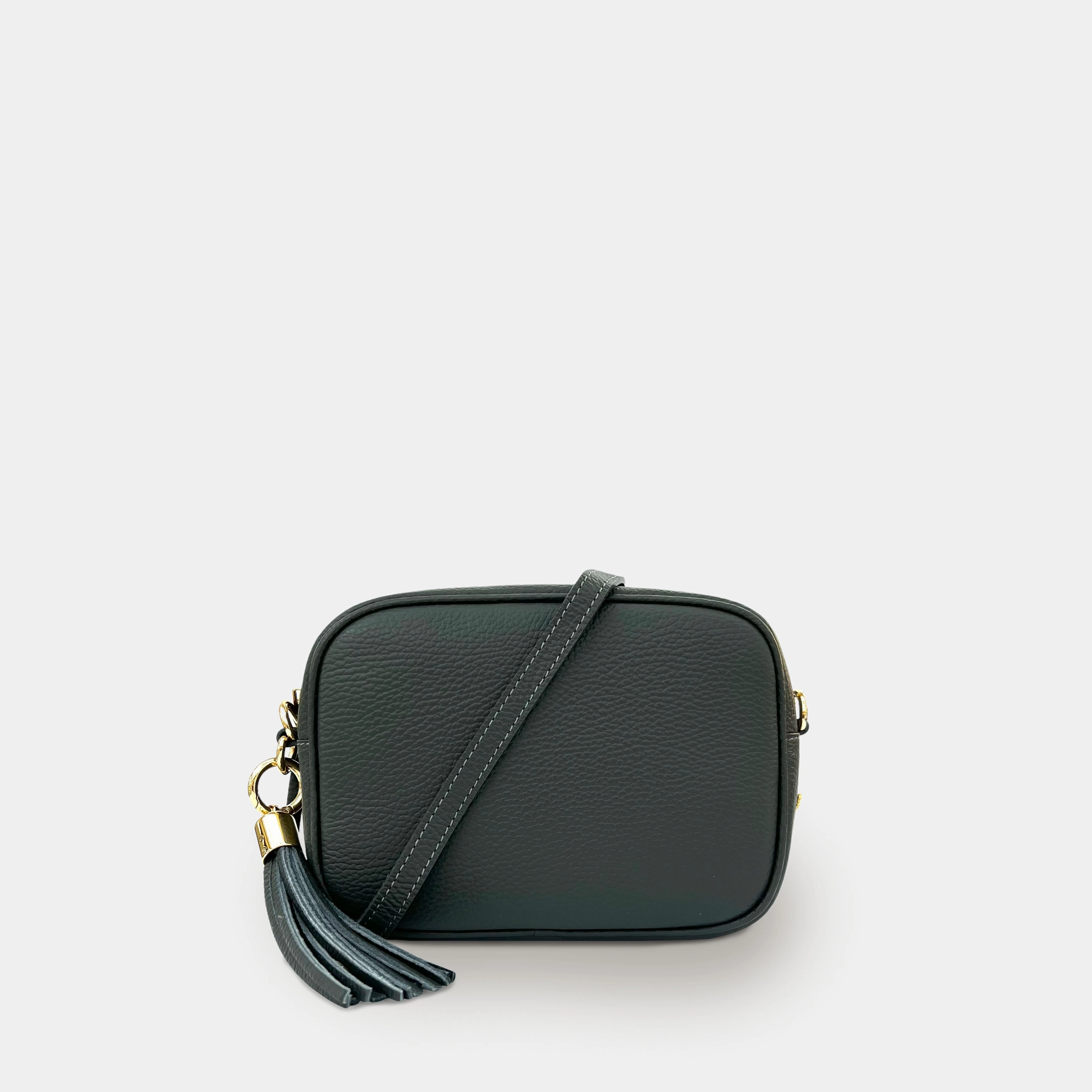 Dark Grey Leather Crossbody Bag With Grey Leopard Strap