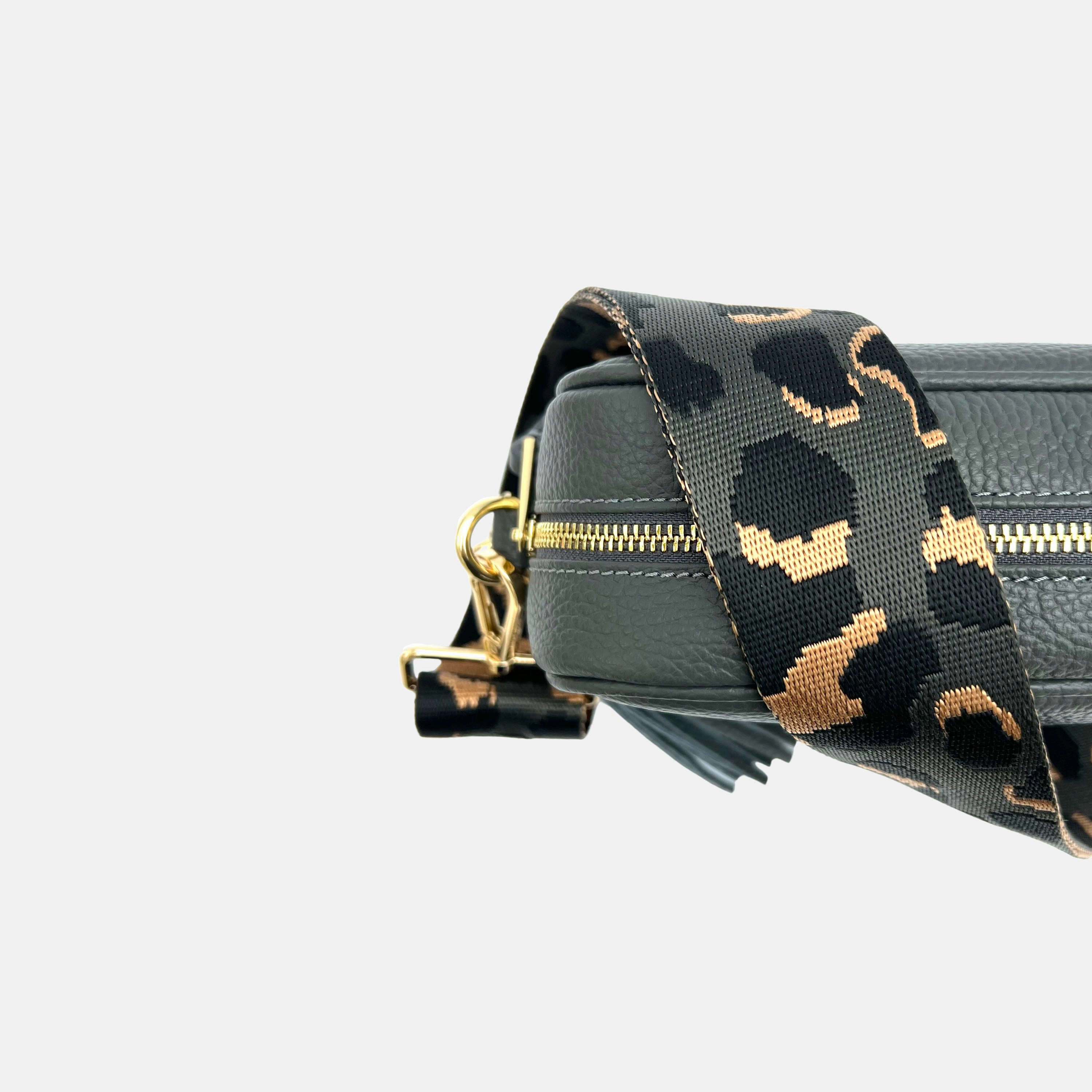 Dark Grey Leather Crossbody Bag With Grey Leopard Strap