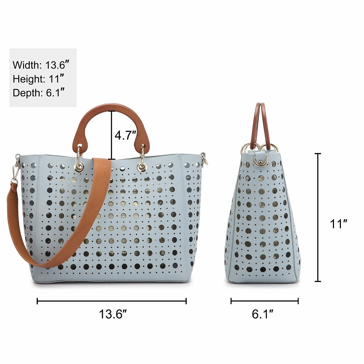 Dasein Faux Leather Tote Bag With Wooden Handles And Sequins 13.6in W 11in H