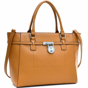 Dasein Padlock Belted Medium Tote Bag Saffiano Faux Leather Adjustable Strap