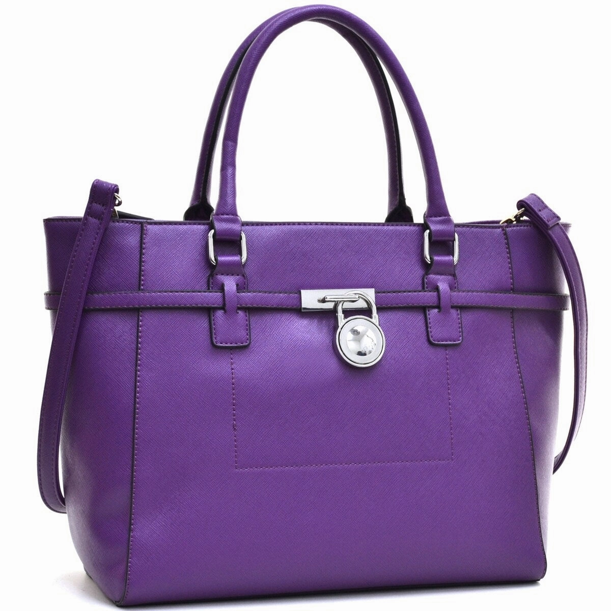 Dasein Padlock Belted Medium Tote Bag Saffiano Faux Leather Adjustable Strap