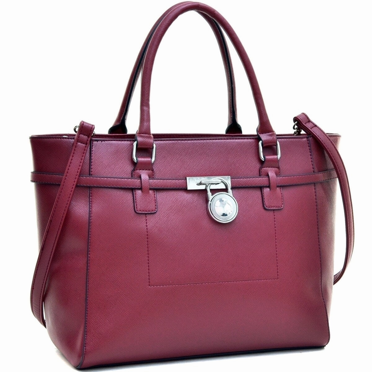 Dasein Padlock Belted Medium Tote Bag Saffiano Faux Leather Adjustable Strap
