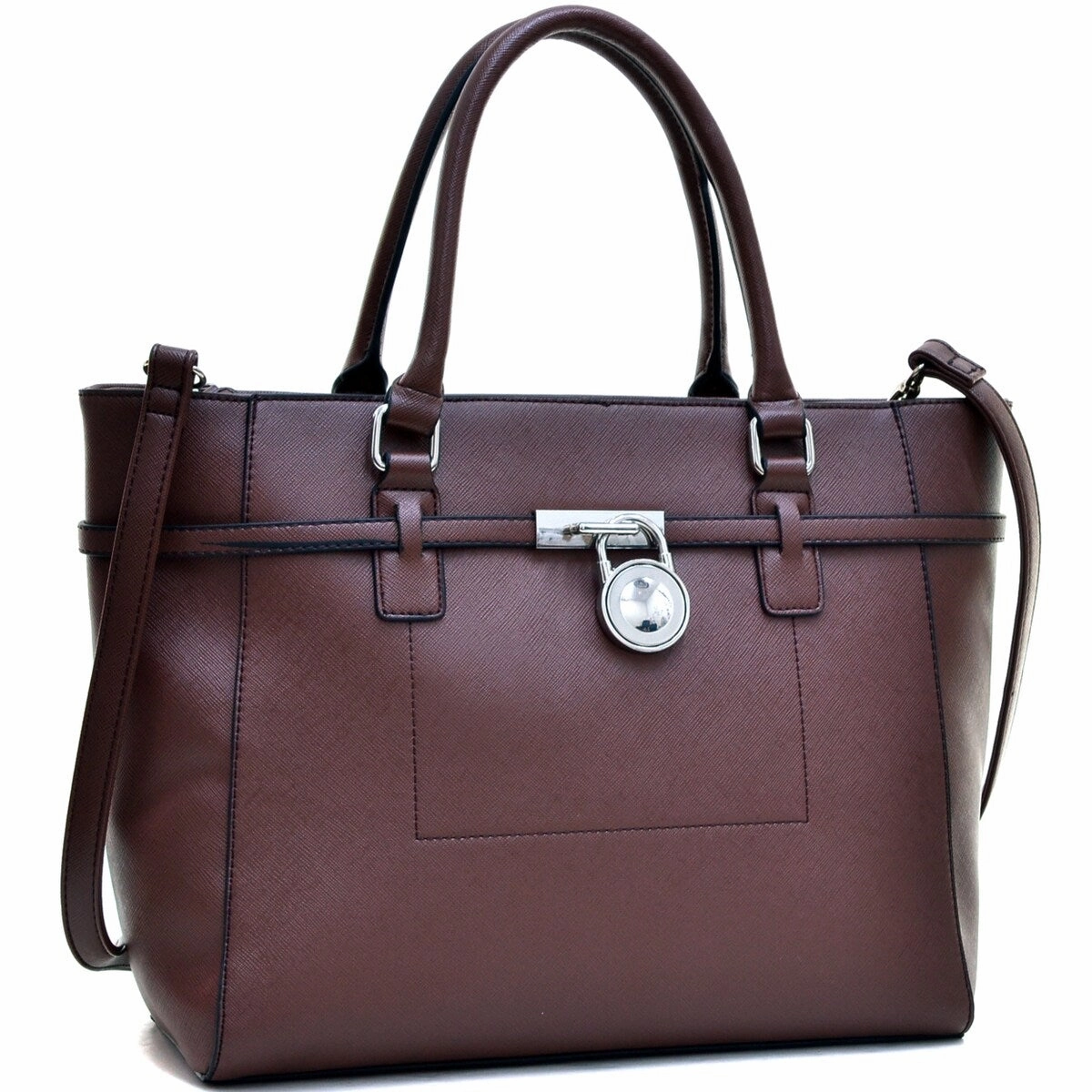 Dasein Padlock Belted Medium Tote Bag Saffiano Faux Leather Adjustable Strap