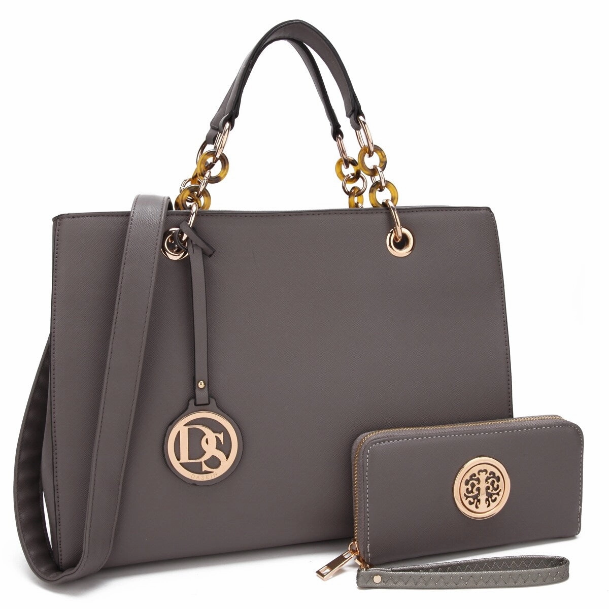 Dasein Saffiano Leather Chain Strap Satchel Handbag Tote Designer Purse Shoulder Bag Laptop Bag With Matching Wallet