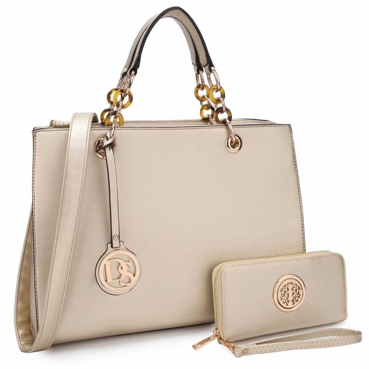 Dasein Saffiano Leather Chain Strap Satchel Handbag Tote Designer Purse Shoulder Bag Laptop Bag With Matching Wallet