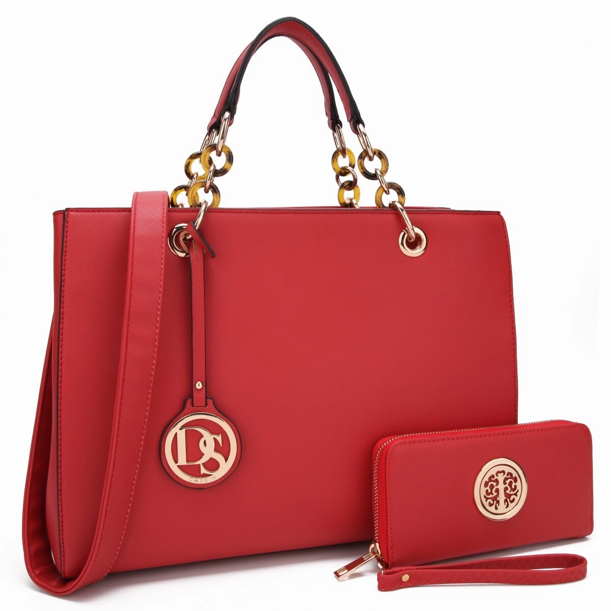 Dasein Saffiano Leather Chain Strap Satchel Handbag Tote Designer Purse Shoulder Bag Laptop Bag With Matching Wallet