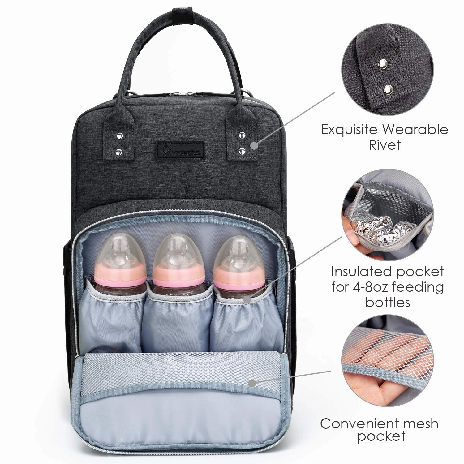 Diaper Bag Backpack Upsimples Multi-Function Maternity Nappy Bags for Mom & Dad, Baby Bag with Laptop Pocket,USB Charging Port,Stroller Straps -Dark Grey