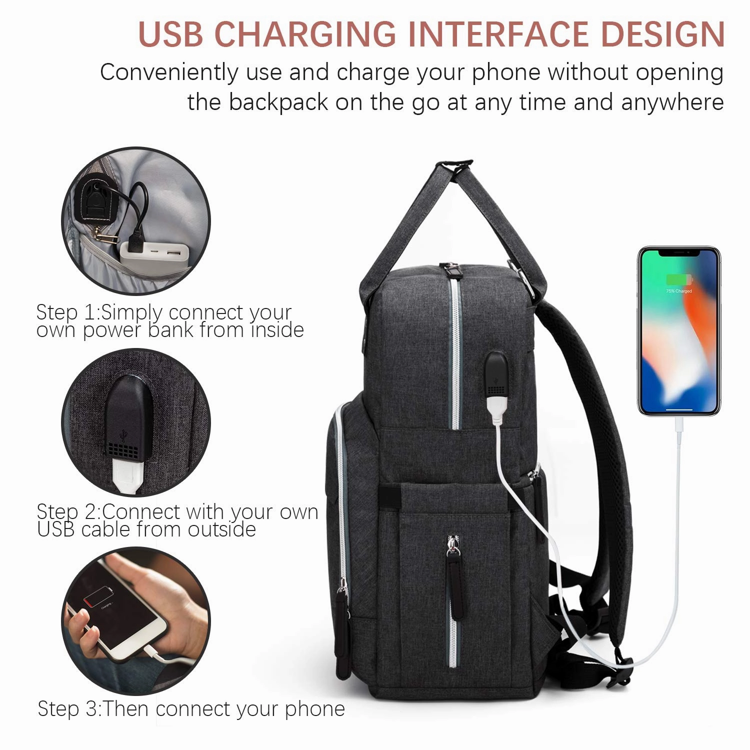 Diaper Bag Backpack Upsimples Multi-Function Maternity Nappy Bags for Mom & Dad, Baby Bag with Laptop Pocket,USB Charging Port,Stroller Straps -Dark Grey