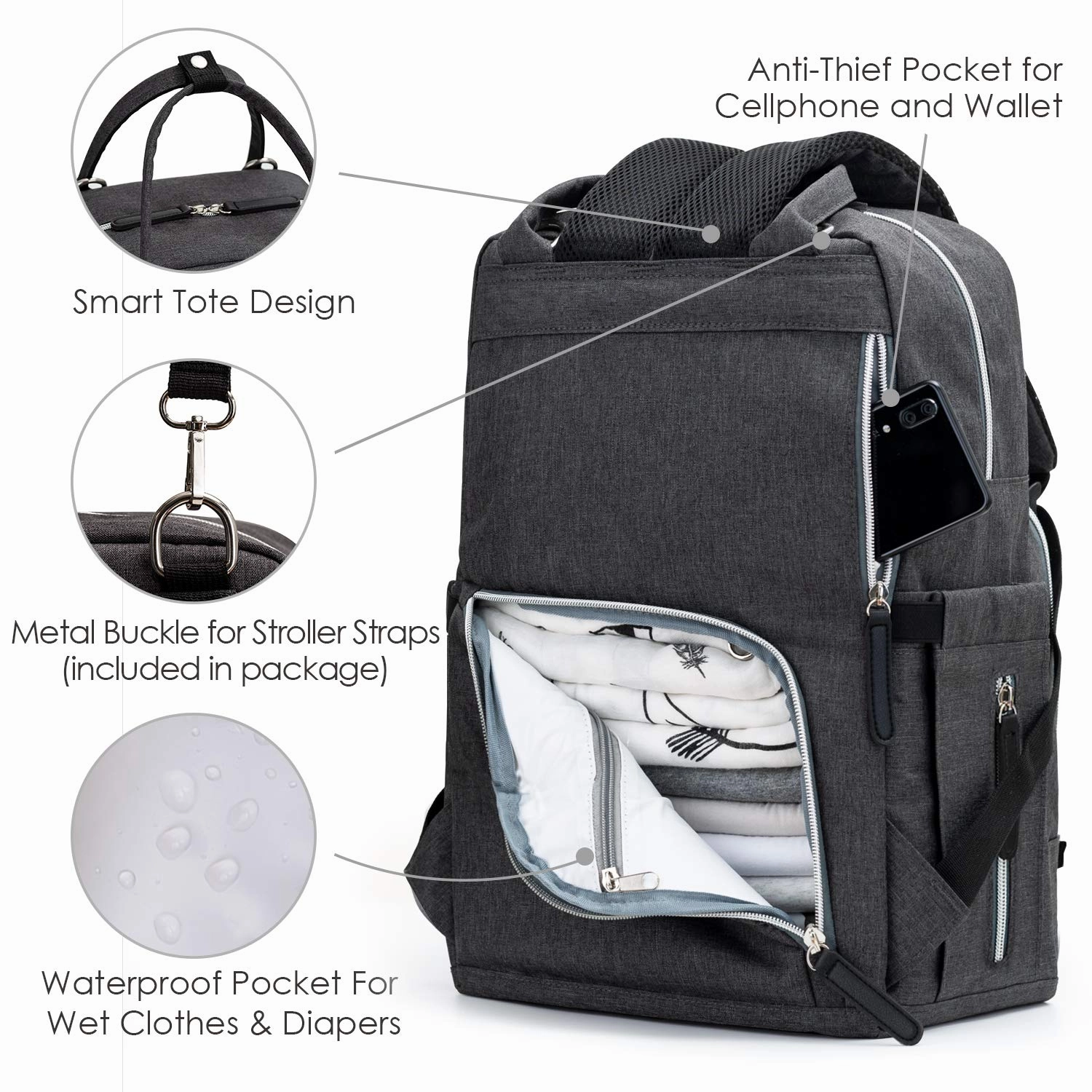 Diaper Bag Backpack Upsimples Multi-Function Maternity Nappy Bags for Mom & Dad, Baby Bag with Laptop Pocket,USB Charging Port,Stroller Straps -Dark Grey