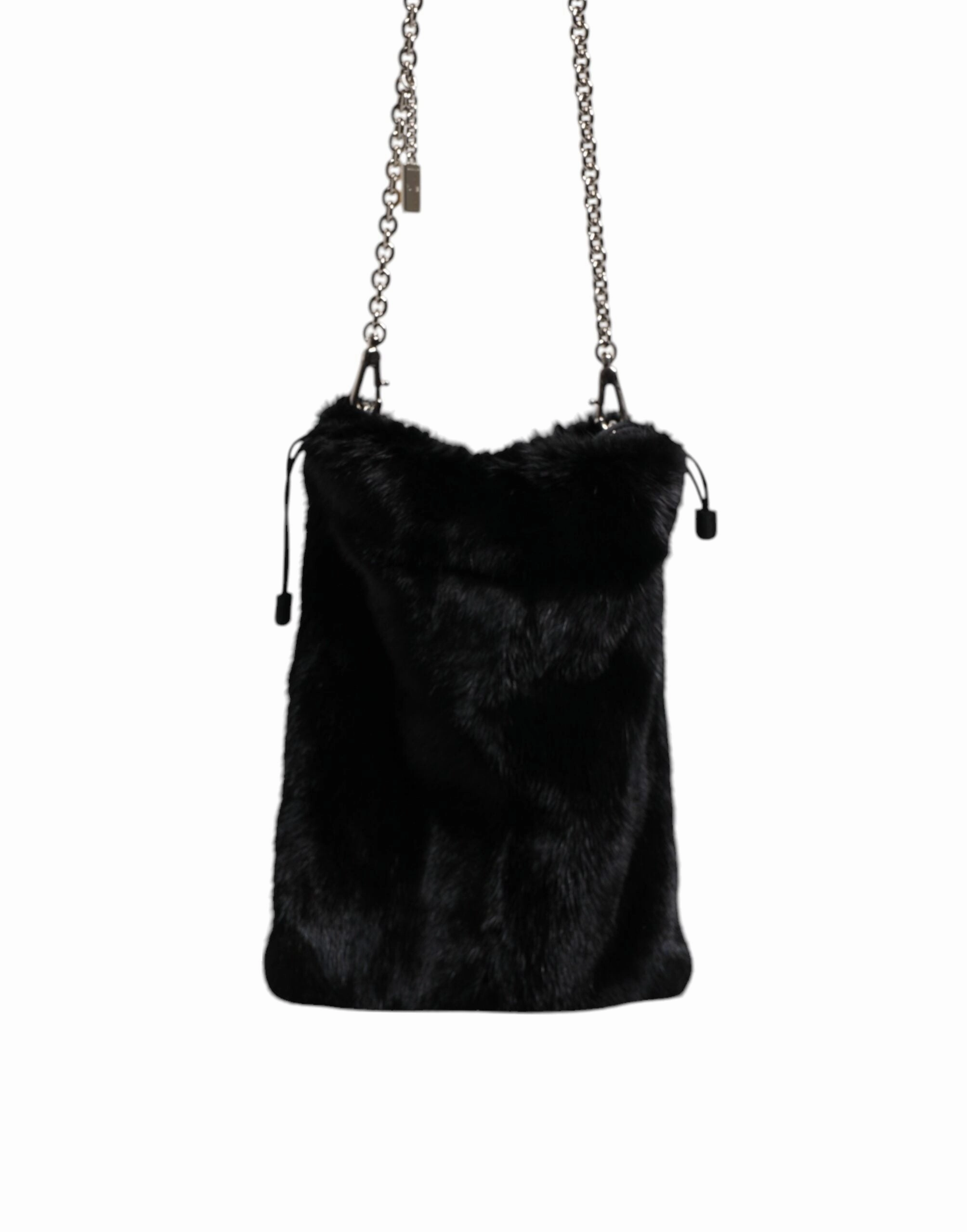 Dolce & Gabbana Black Faux Fur Silver Chain Crossbody Shoulder Purse Bag