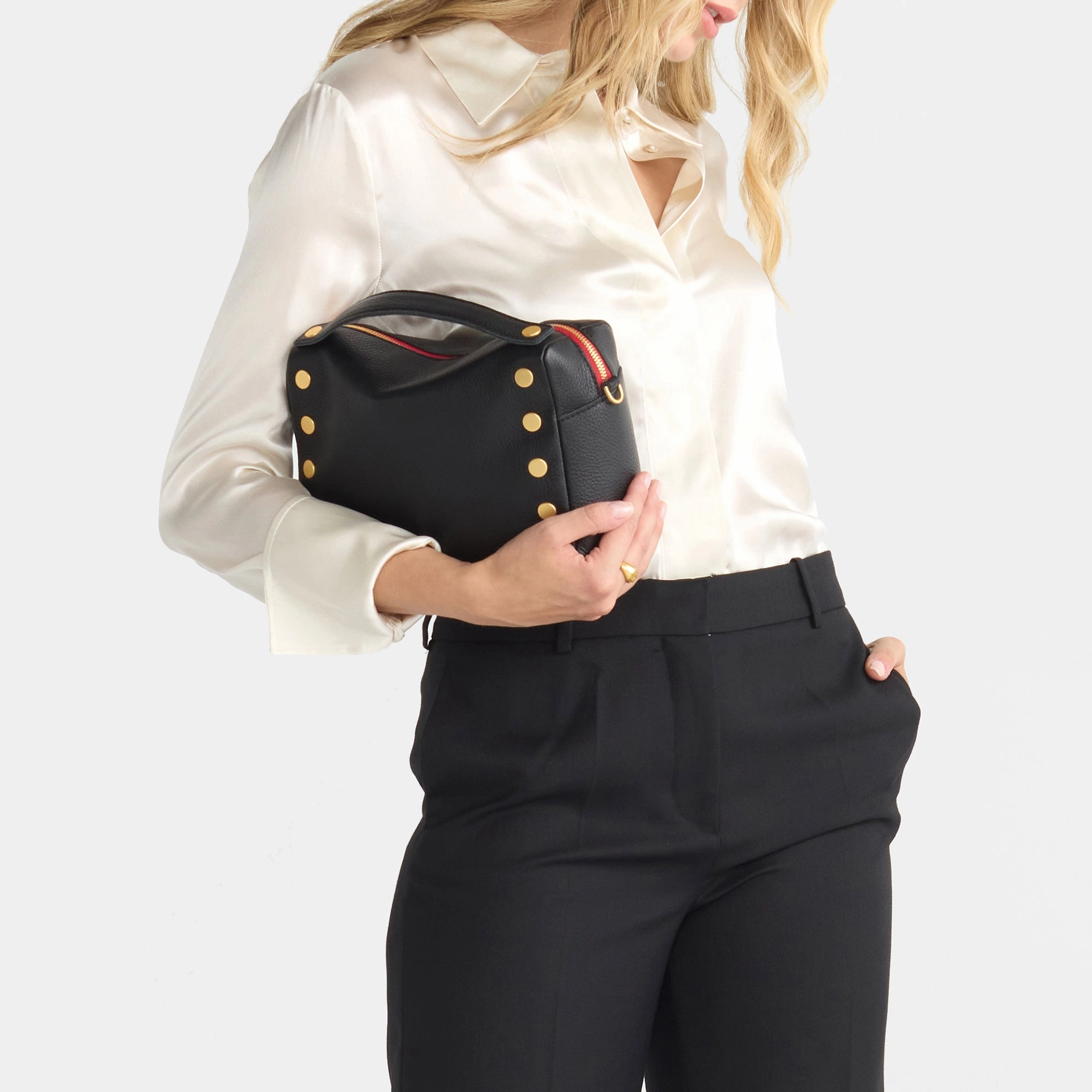 Evan Crossbody | Black/Brushed Gold Red Zip | Med