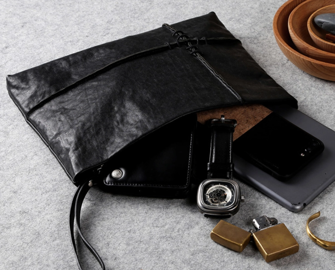 Fashion Leather Men's Black Envelope Clutch Wristlet Clutch Business Clutch For Men