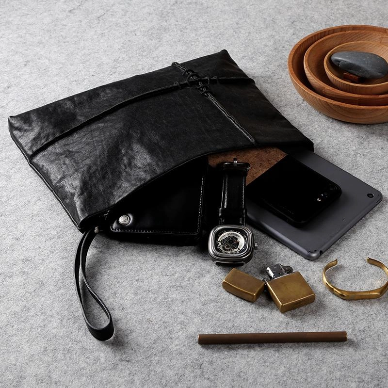 Fashion Leather Men's Black Envelope Clutch Wristlet Clutch Business Clutch For Men