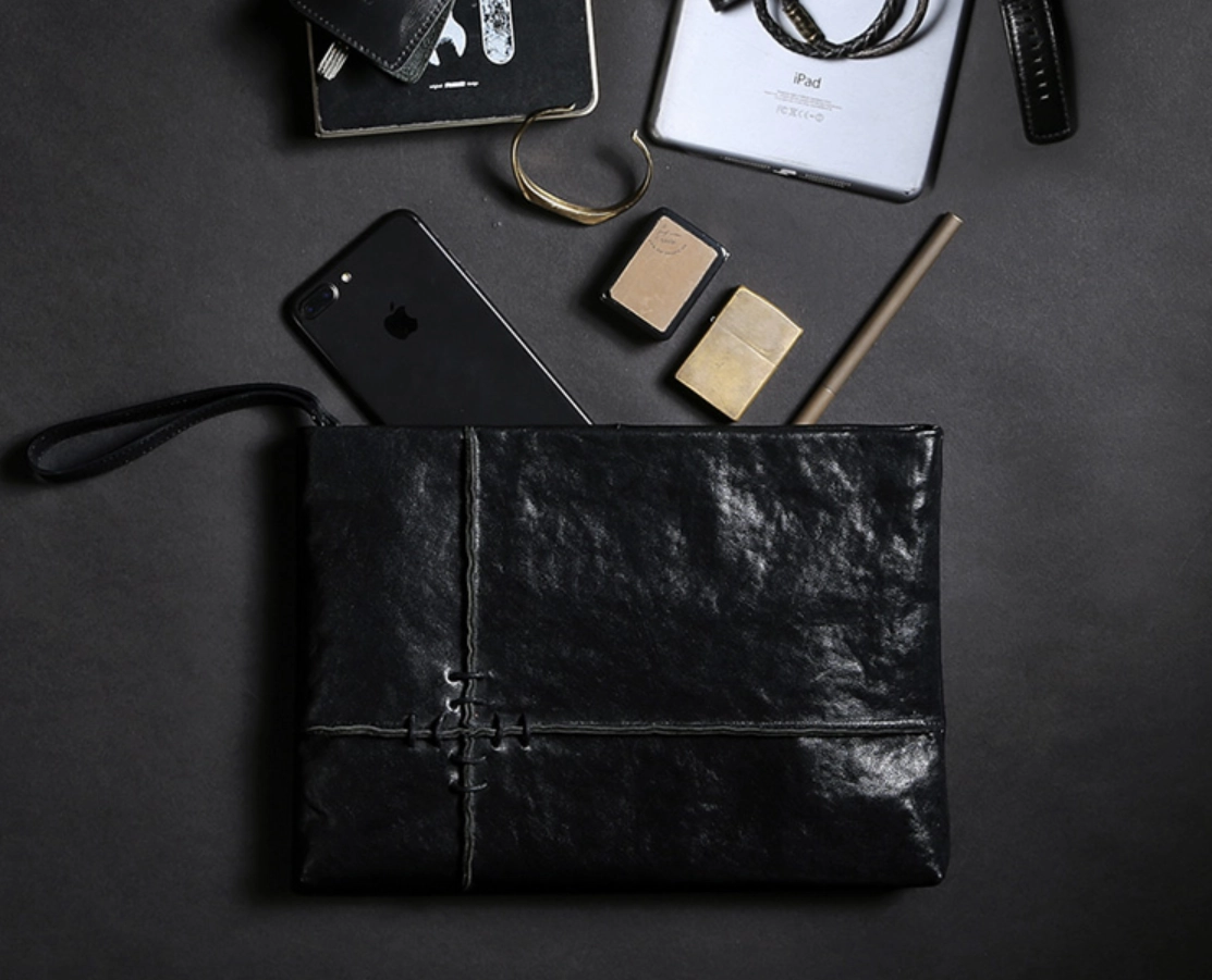 Fashion Leather Men's Black Envelope Clutch Wristlet Clutch Business Clutch For Men
