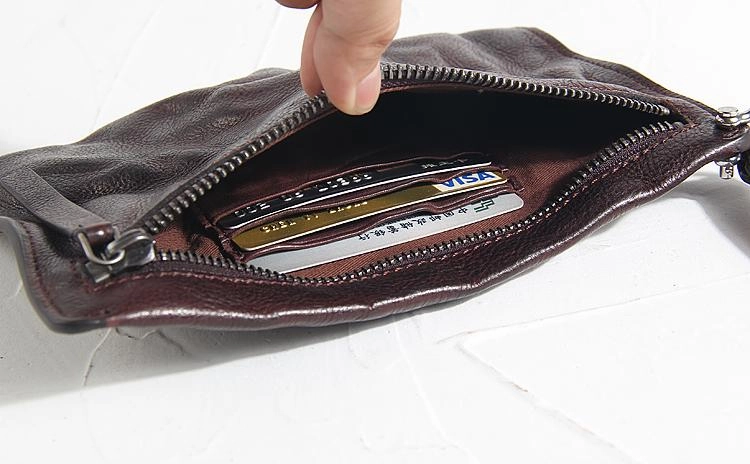 Fashion Leather Mens Clutch Cool Black Slim Wallet Zipper Clutch Wristlet Wallets for Men