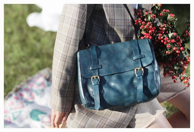 Fashion Women's Blue Leather Top Handle Satchel Handbag Brown Shoulder Bag Satchel Crossbody Purse
