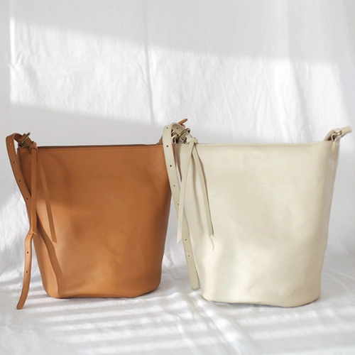 Fashion Womens Brown Leather Bucket Shoulder Bag Soft Leather Zipper White Tote Bucket Crossbody Bag Side Purse