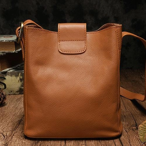 Fashion Womens Brown Leather Bucket Shoulder Bag White Soft Leather Bucket Crossbody Bag Purse