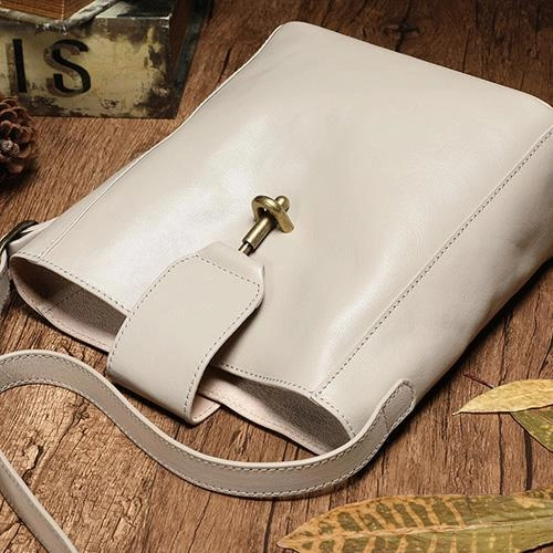 Fashion Womens Brown Leather Bucket Shoulder Bag White Soft Leather Bucket Crossbody Bag Purse
