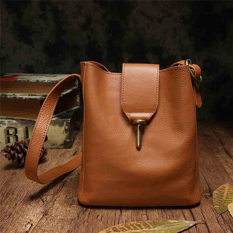 Fashion Womens Brown Leather Bucket Shoulder Bag White Soft Leather Bucket Crossbody Bag Purse