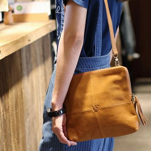 Fashion Womens Brown Leather Square Shoulder Bag Brown Side Bag Leather Satchel Crossbody Bag Purse