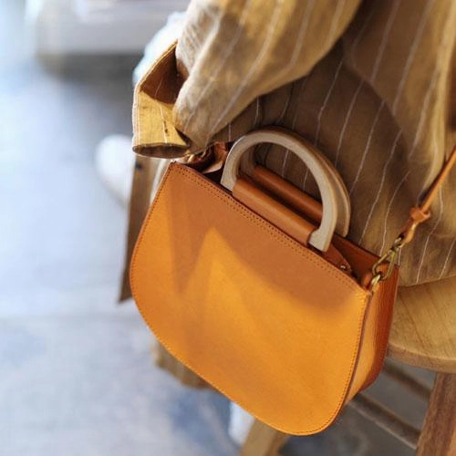 Fashion Womens Leather Circle Handle Shoulder Handbag Black Wooden Round Shaped Side Purses