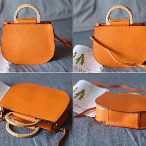 Fashion Womens Leather Circle Handle Shoulder Handbag Black Wooden Round Shaped Side Purses