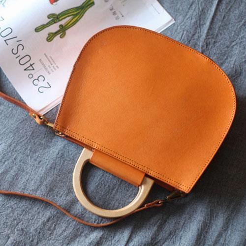 Fashion Womens Leather Circle Handle Shoulder Handbag Black Wooden Round Shaped Side Purses
