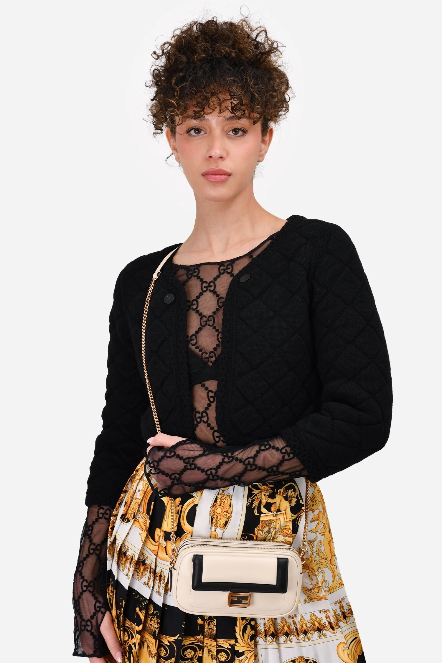 Fendi Cream/Black Leather Mini Baguette