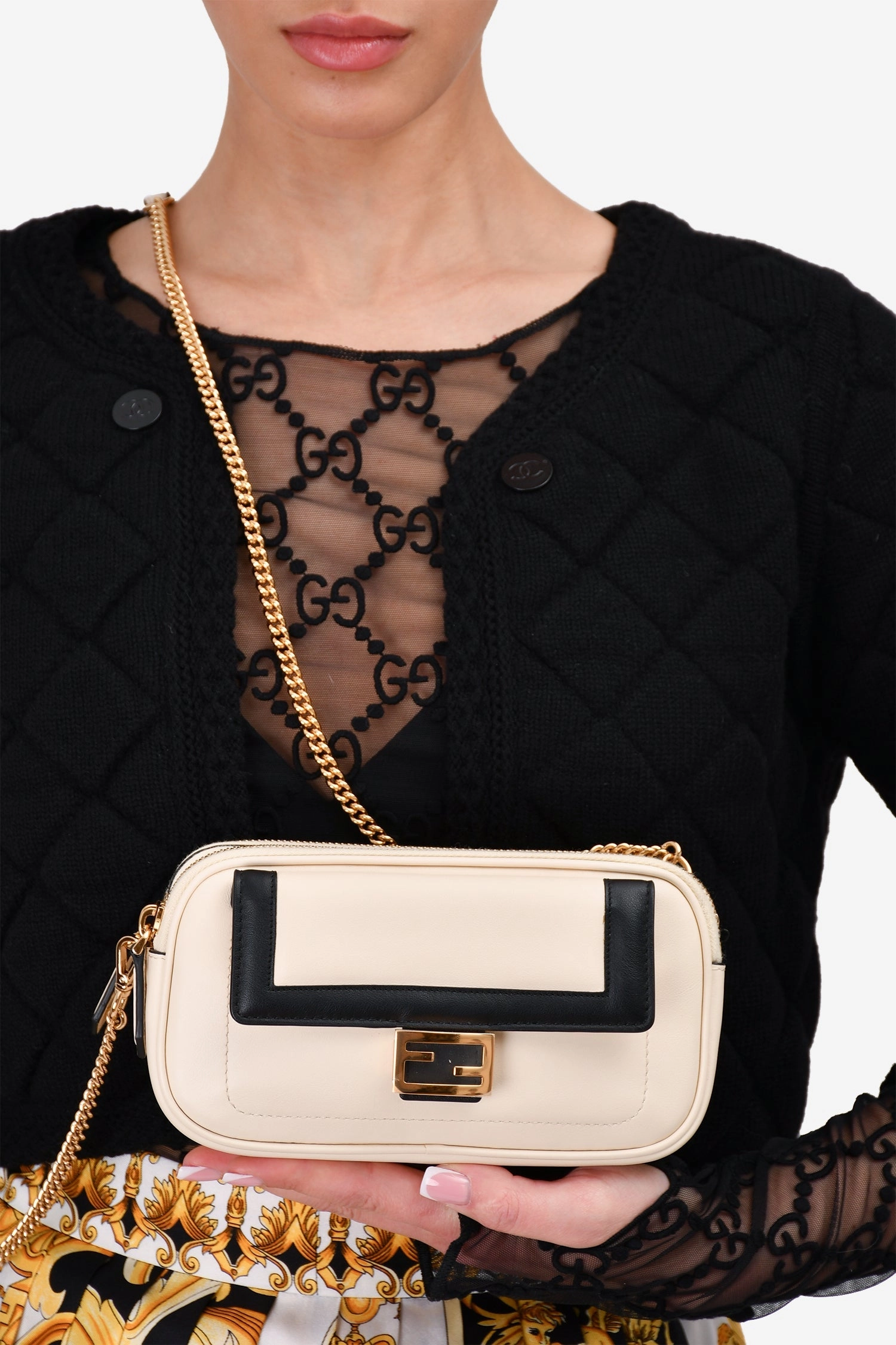 Fendi Cream/Black Leather Mini Baguette