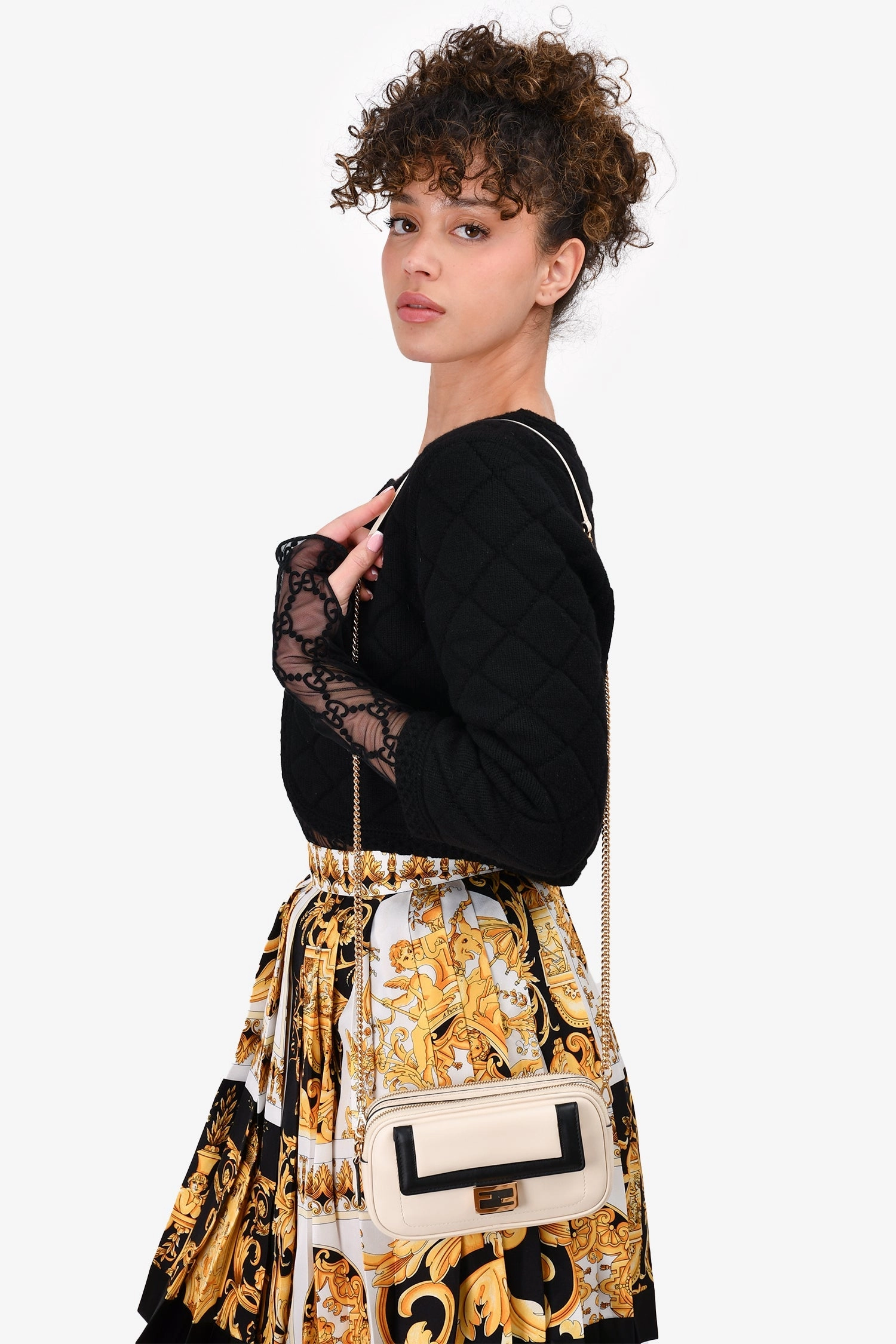 Fendi Cream/Black Leather Mini Baguette