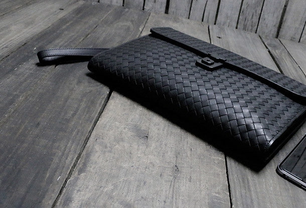 Genuine Leather braided large clutch leather men phone pad zip clutch vintage wallet for men