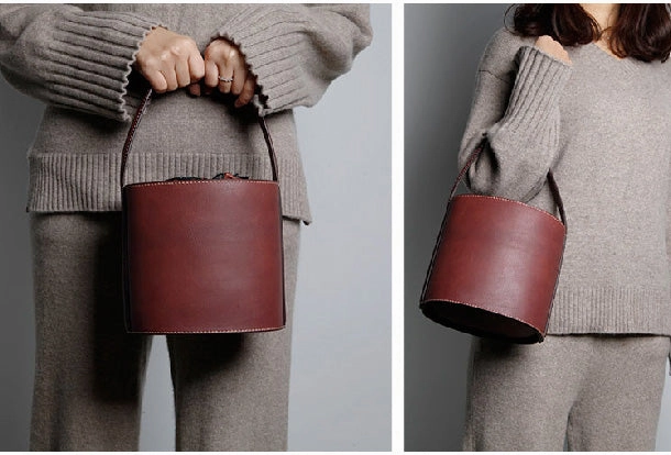 Genuine Leather Cute Bucket Bag Handbag Crossbody Bag Shoulder Bag Women Leather Purse