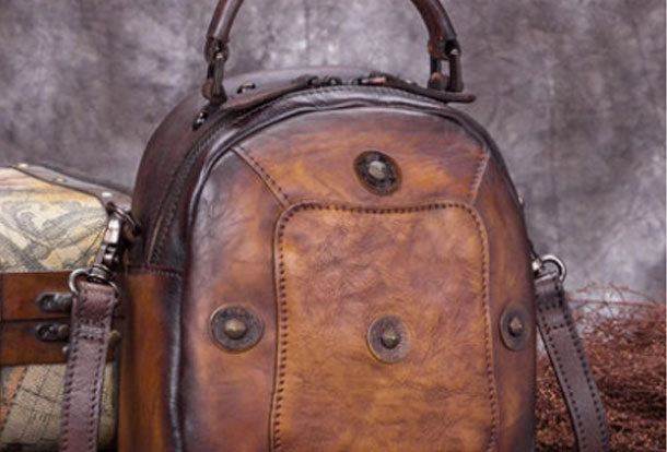 Genuine Leather Handbag Vintage Rivet Crossbody Bag Shoulder Bag Purse For Women