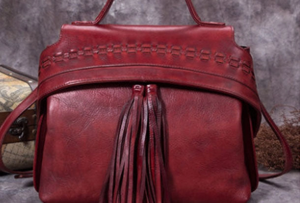 Genuine Leather Handbag Vintage Tassel Crossbody Bag Geometric Shoulder Bag Purse For Women