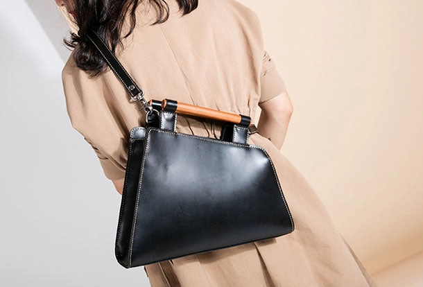 Genuine Leather Handmade Wooden Handbag Bag Shoulder Bag Purse For Women