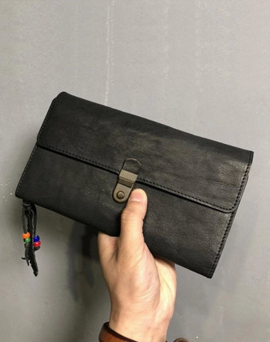 Genuine Leather Mens Clutch Cool Slim Wallet Passport Travel Clutch Wristlet Wallet for Men
