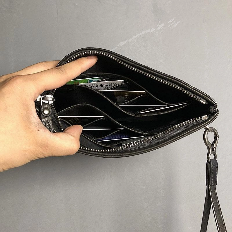Genuine Leather Mens Clutch Cool Slim Wallet Zipper Clutch Wristlet Wallet for Men